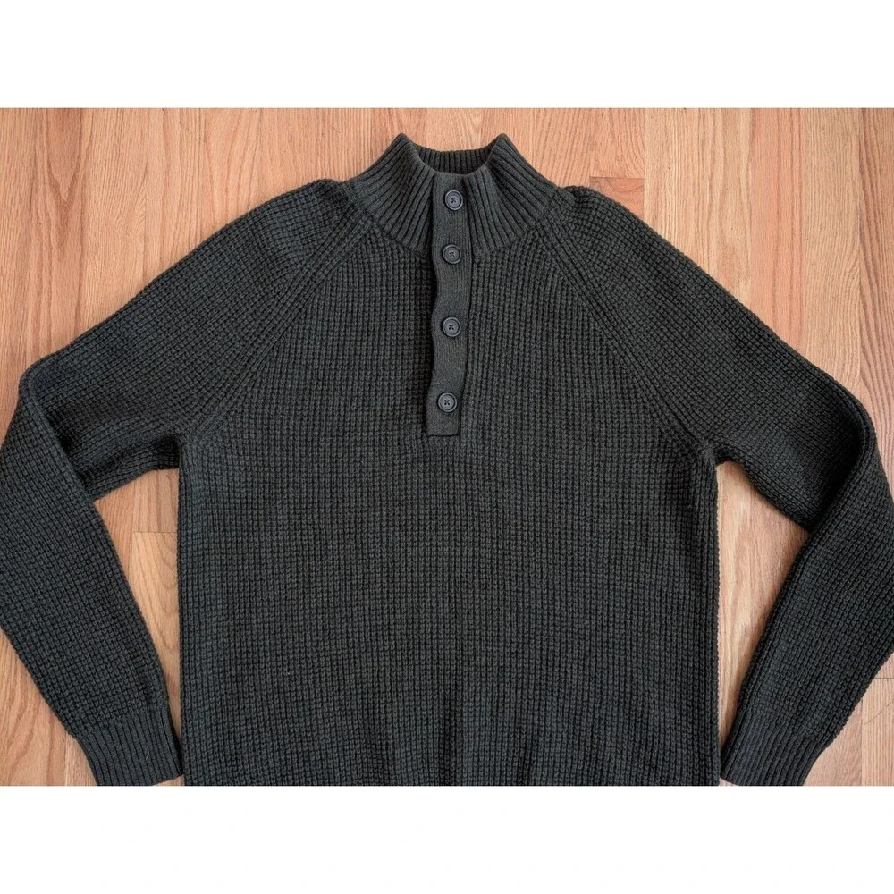 Banana Republic Sweater Mens L Italian Yarn Waffle Knit Wool Henley Dark Green